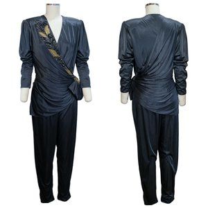 Vintage Abby Kent Black Evening Jumpsuit w Sequins & Plunge Neckline - Size Med